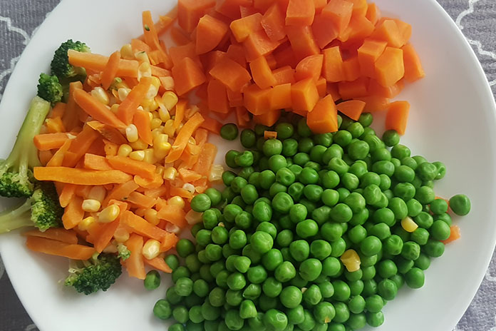 peas, carrots, corn